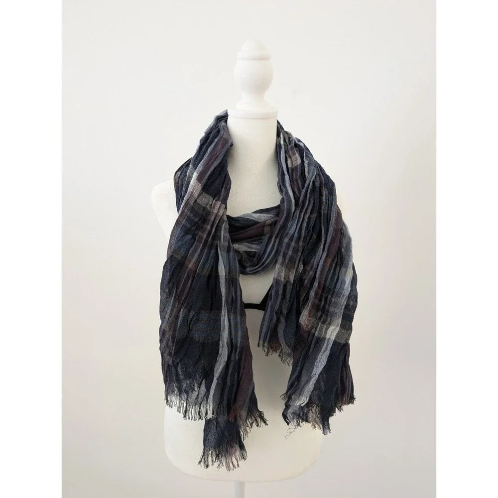 Unbranded Scarf Plaid Blue White Purple Crinkle Texture Oversize 73”L x 23”W